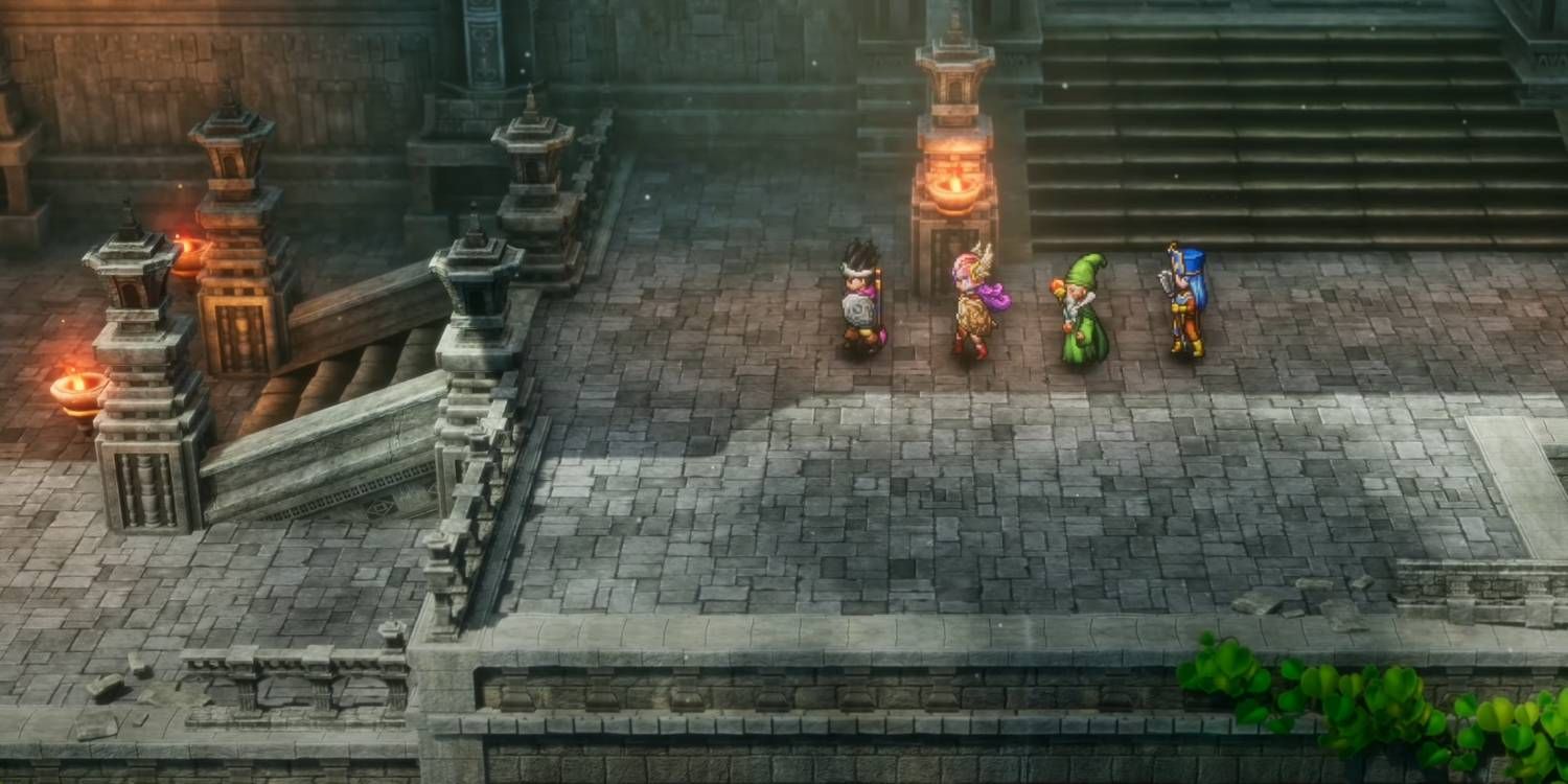 Grupo de Dragon Quest 3 HD-2D Remake viajando pela Dreamer's Tower para chegar ao item Thief's Key