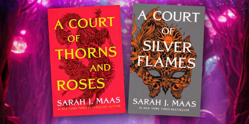 A Court of Thorns and Roses and A Court of Silver Flames Book Covers on a purple background