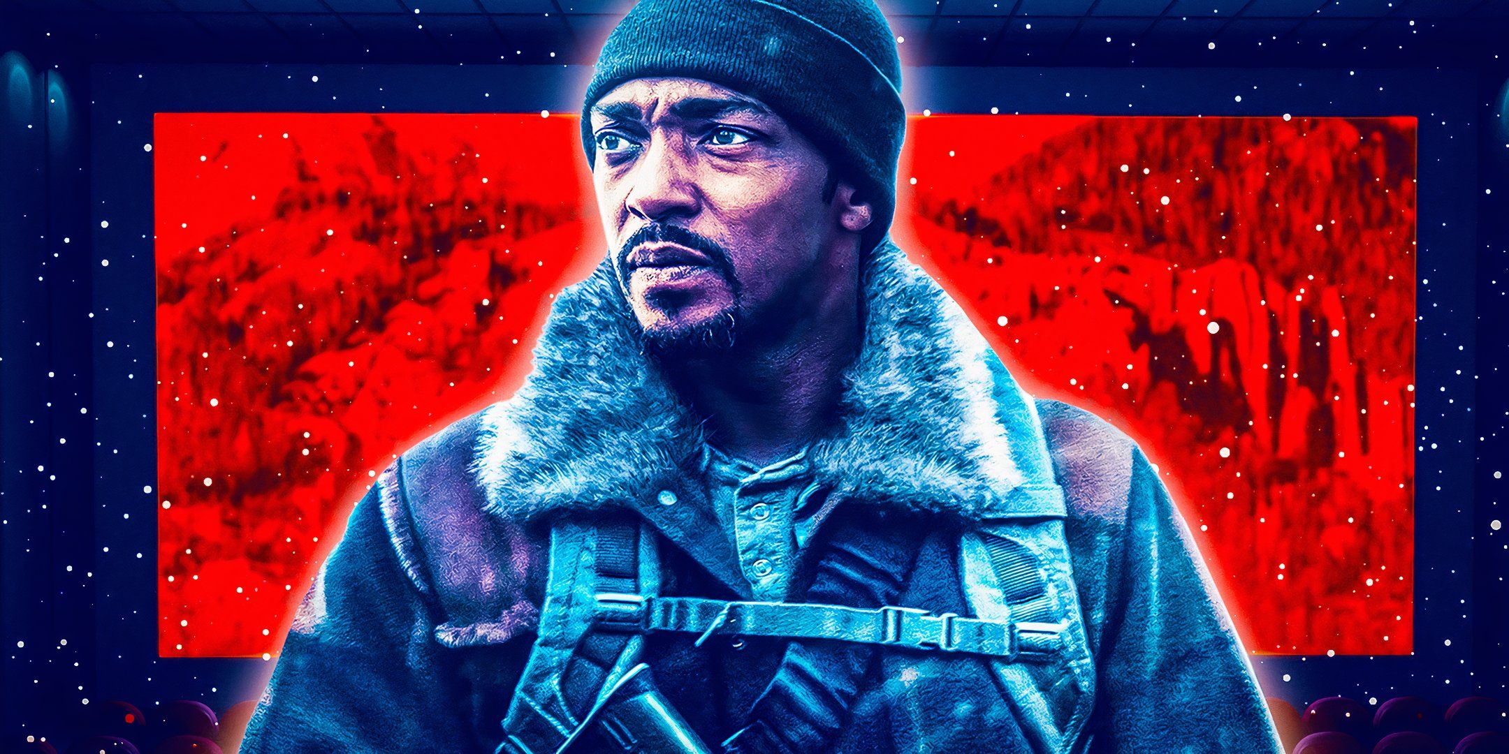 Anthony Mackie en Altura frente a la pantalla de cine