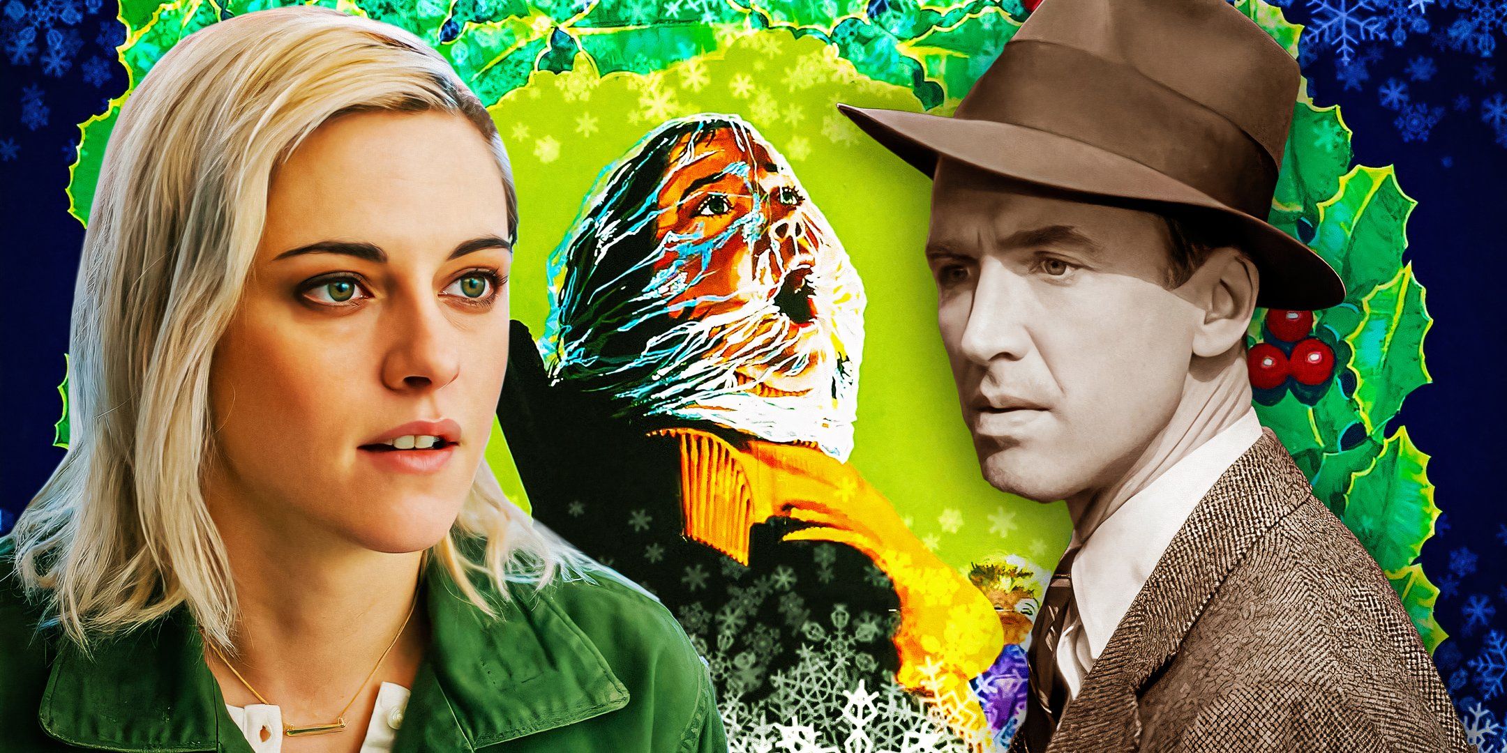 Imagery from Happiest Season, Black Christmas, and It's a Wonderful Life