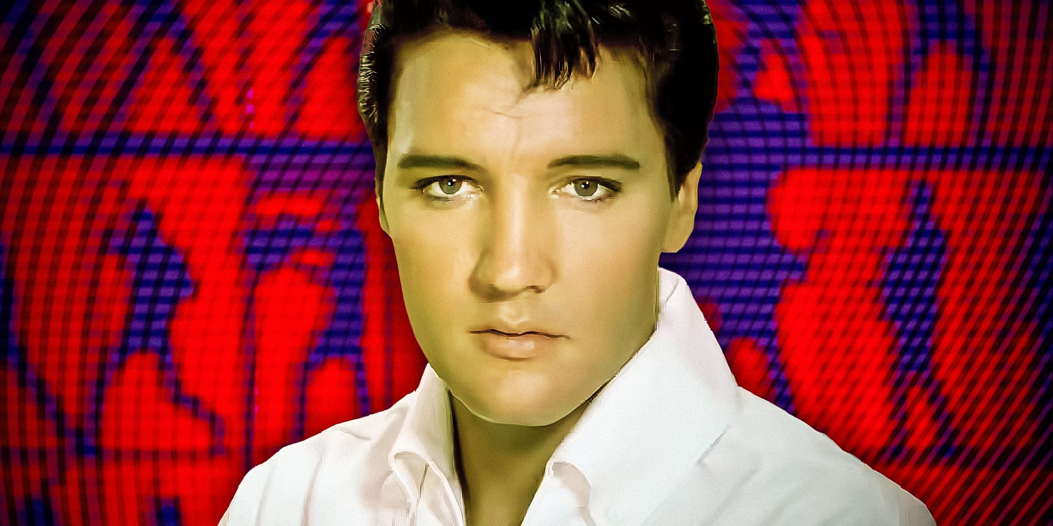 Elvis Presley in front of a red and purple background showing silhouettes dancing