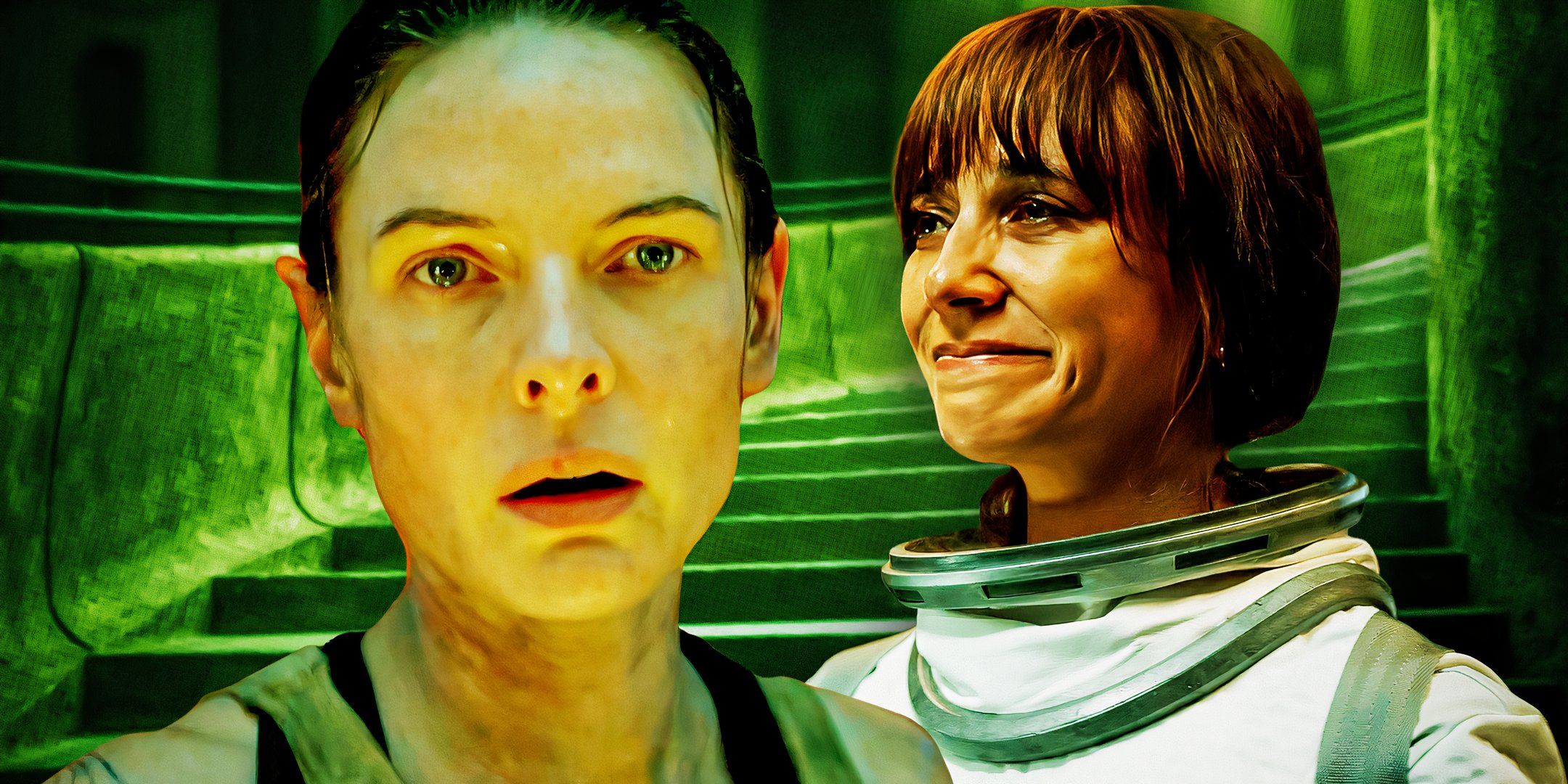 Custom Silo image of Rebecca Ferguson looking shocked as Juliette Nichols and Rashida Jones smiling sadly as Allison Becker