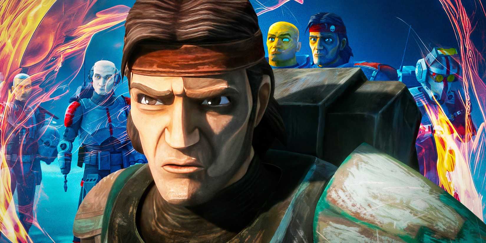 Hunter looks angry, edited over the rest of Clone Force 99 standing on Kaller.