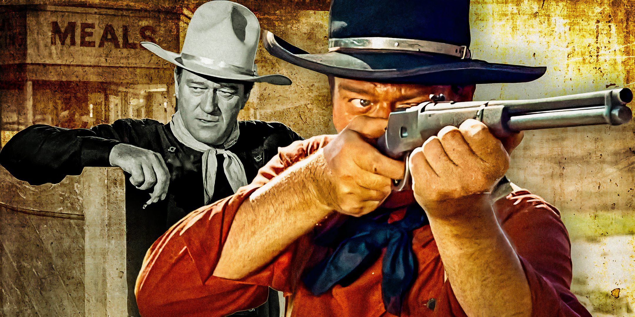 Split images of John Wayne wearing a hat in The Searchers and holding a gun in The Man Who Shot Liberty Valance