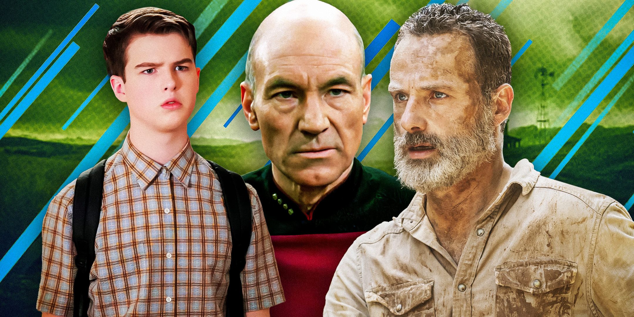 Imagery from Young Sheldon, Star Trek The Next Generation and The Walking Dead