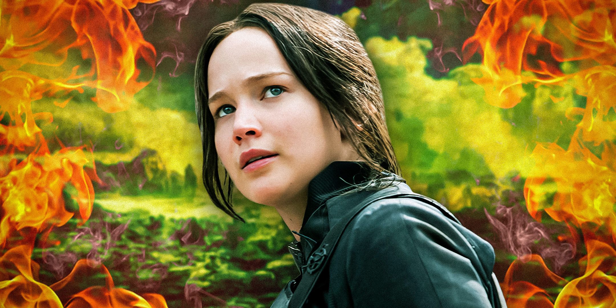 Jennifer Lawrence como Katniss Everdeen em Jogos Vorazes com um fundo laranja e verde ardente