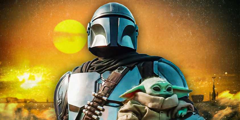 Din Djarin holds Grogu in his arm on Tython, edited over the image of the sunset on Arvala-7 from the season 1 posters.