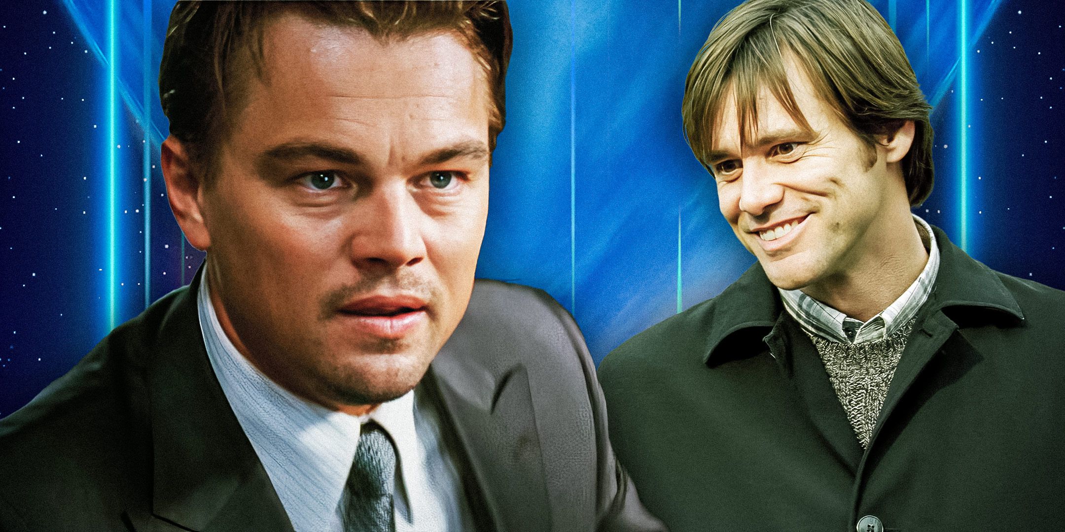 Leonardo DiCaprio as he appears in Inception is pictured alongside Jim Carrey as he appears in Eternal Sunshine of the Spotless Mind on a blue background. 