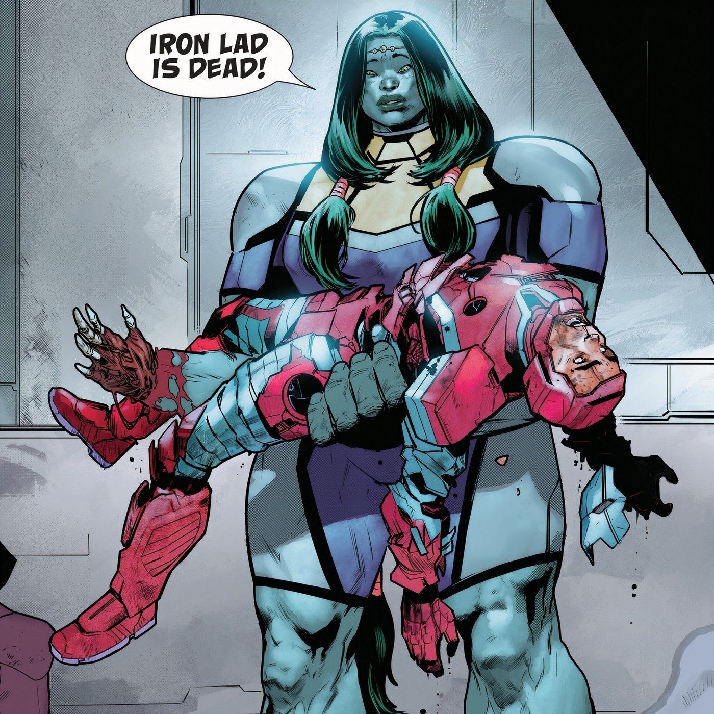 She-Hulk segurando o cadáver de Tony Stark.