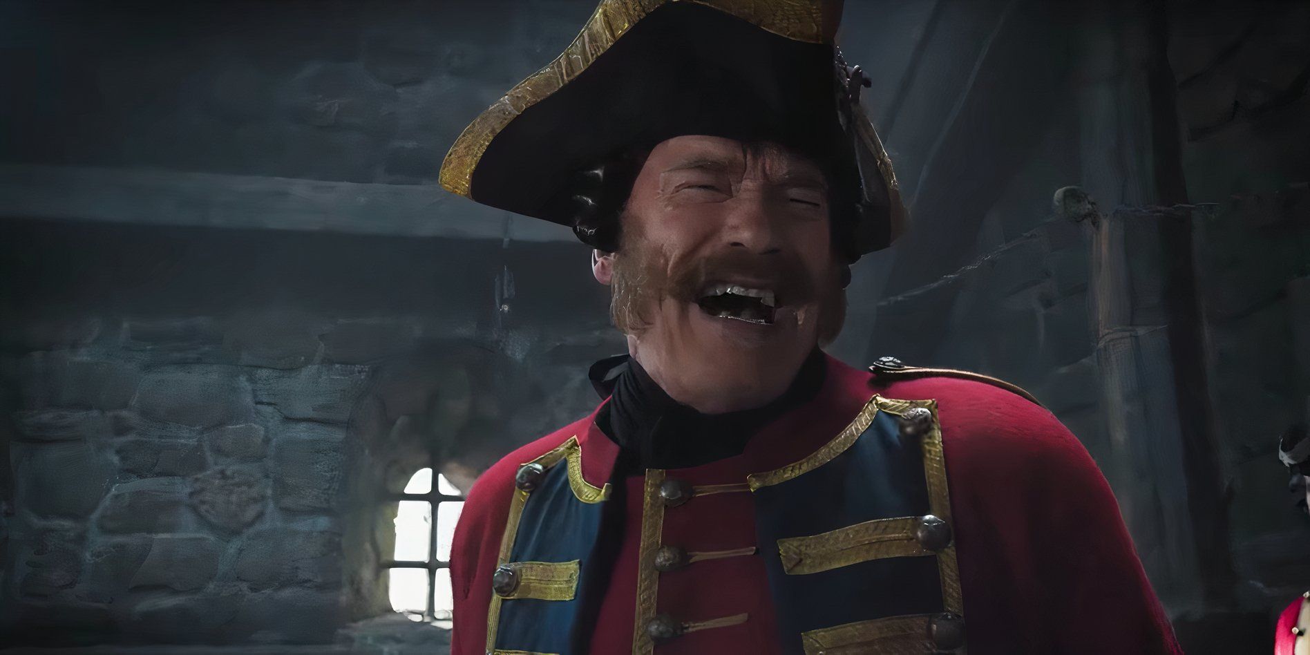 Captain James Hook (Arnold Schwarzenegger) laughing in Iron Mask.