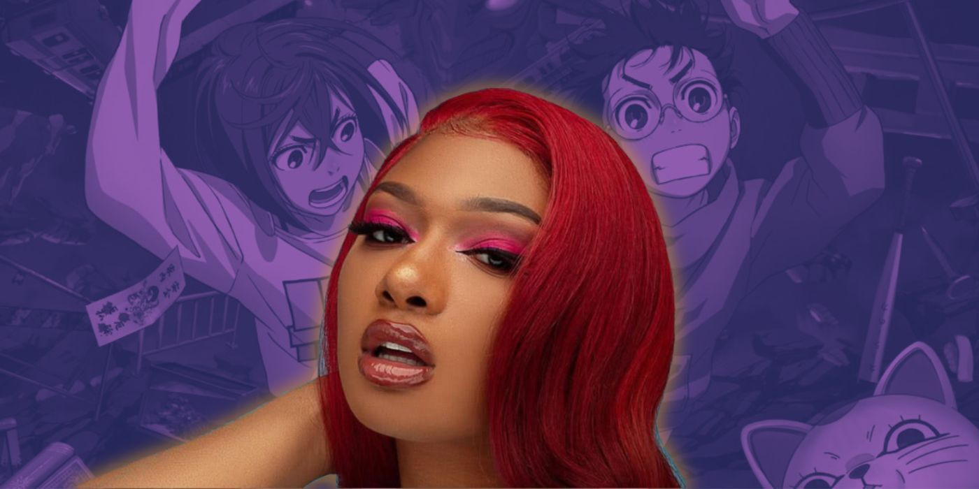 Megan Thee Stallion in front of the Dandadan poster