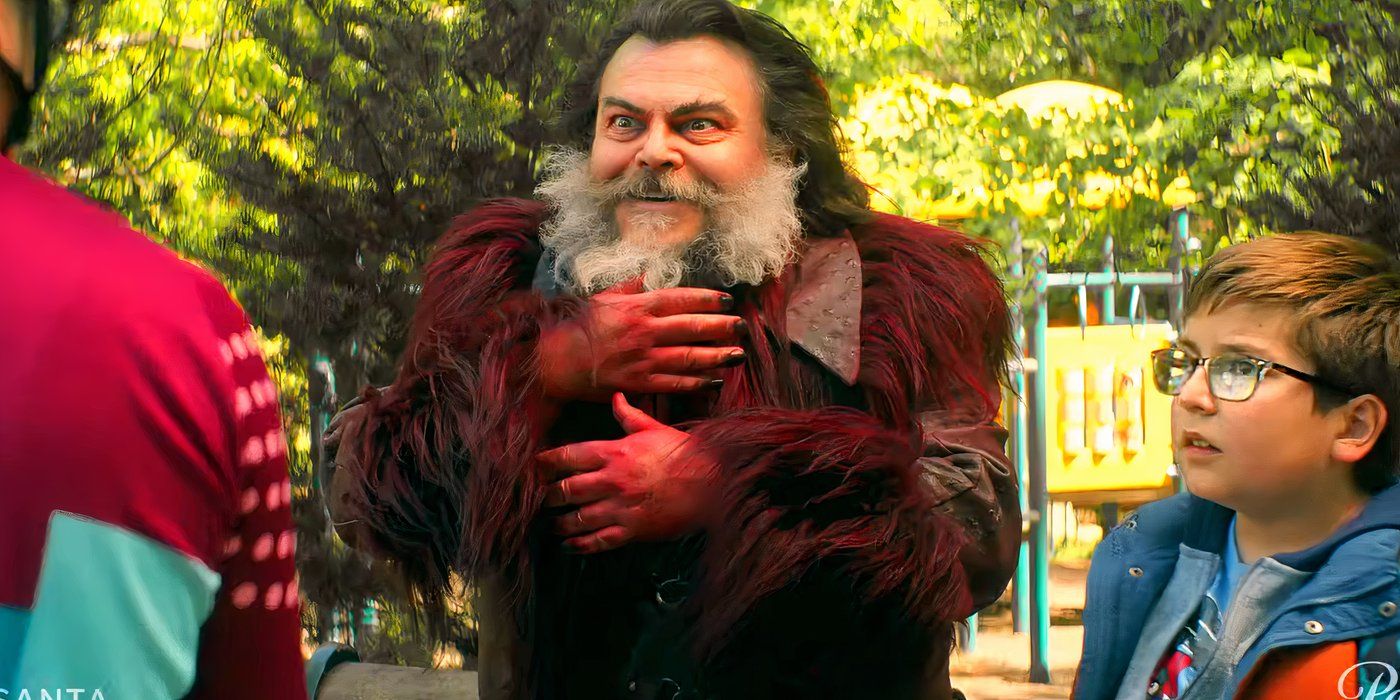 Jack Black as Satan giving a wild look in a park in Dear Santa