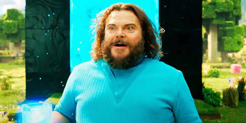 Jack Black looking amazed as Steve in A Minecraft Movie