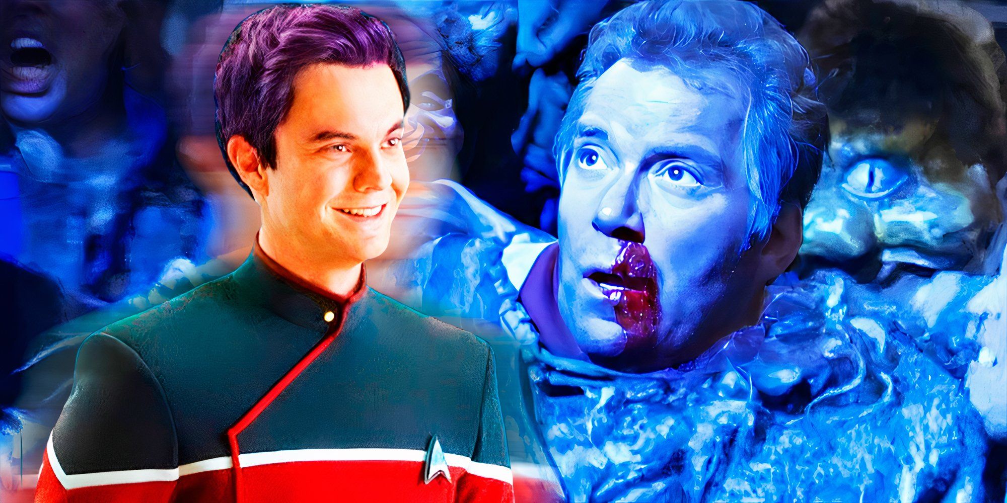 Jack Quaid as Boimler in Strange New Worlds and William Shater as Kirk in Star Trek VI in Rura Penthe Klingon prison