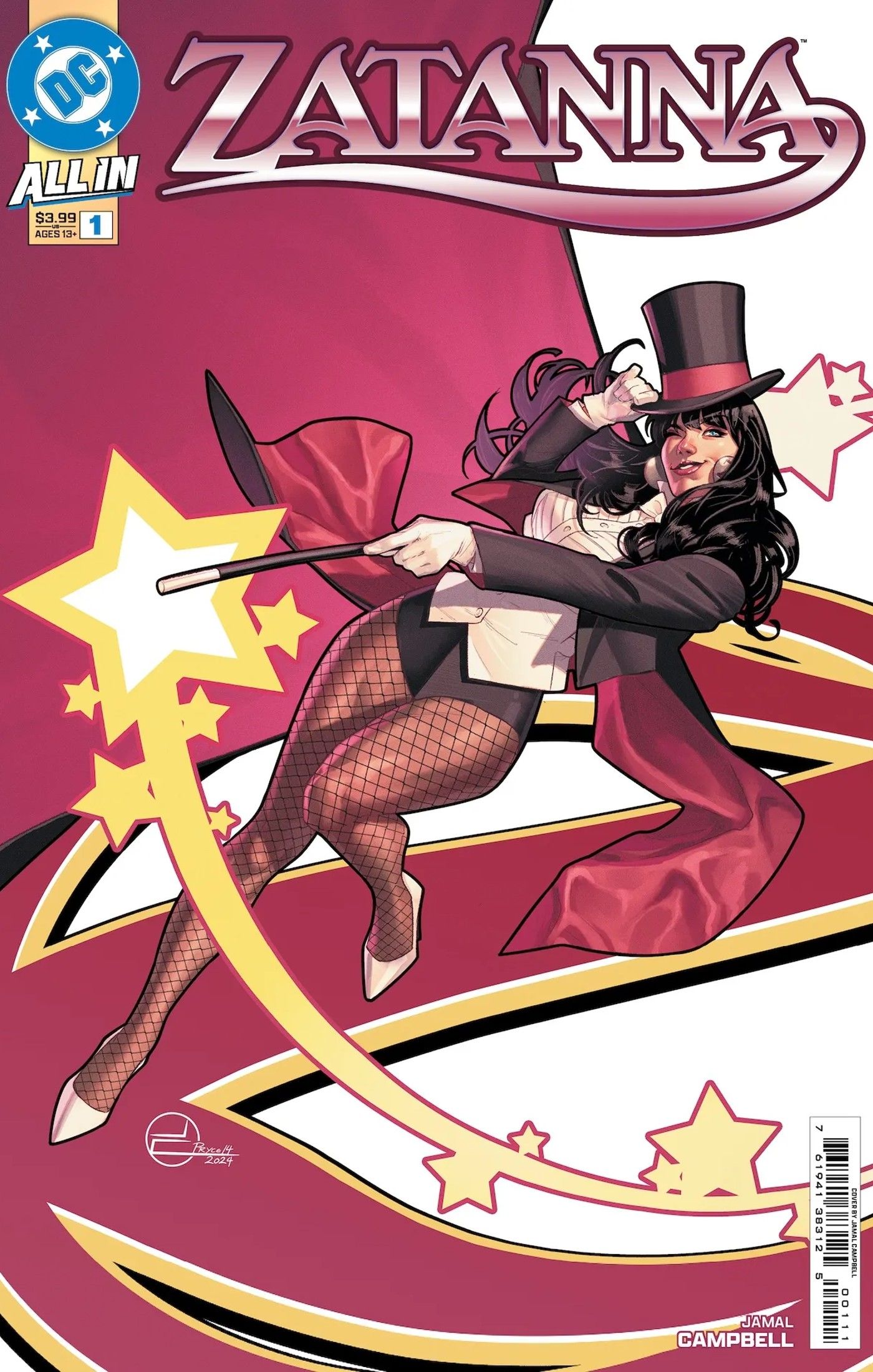 Capa de quadrinhos: Zatanna agita uma varinha em seu traje clássico de mágico.