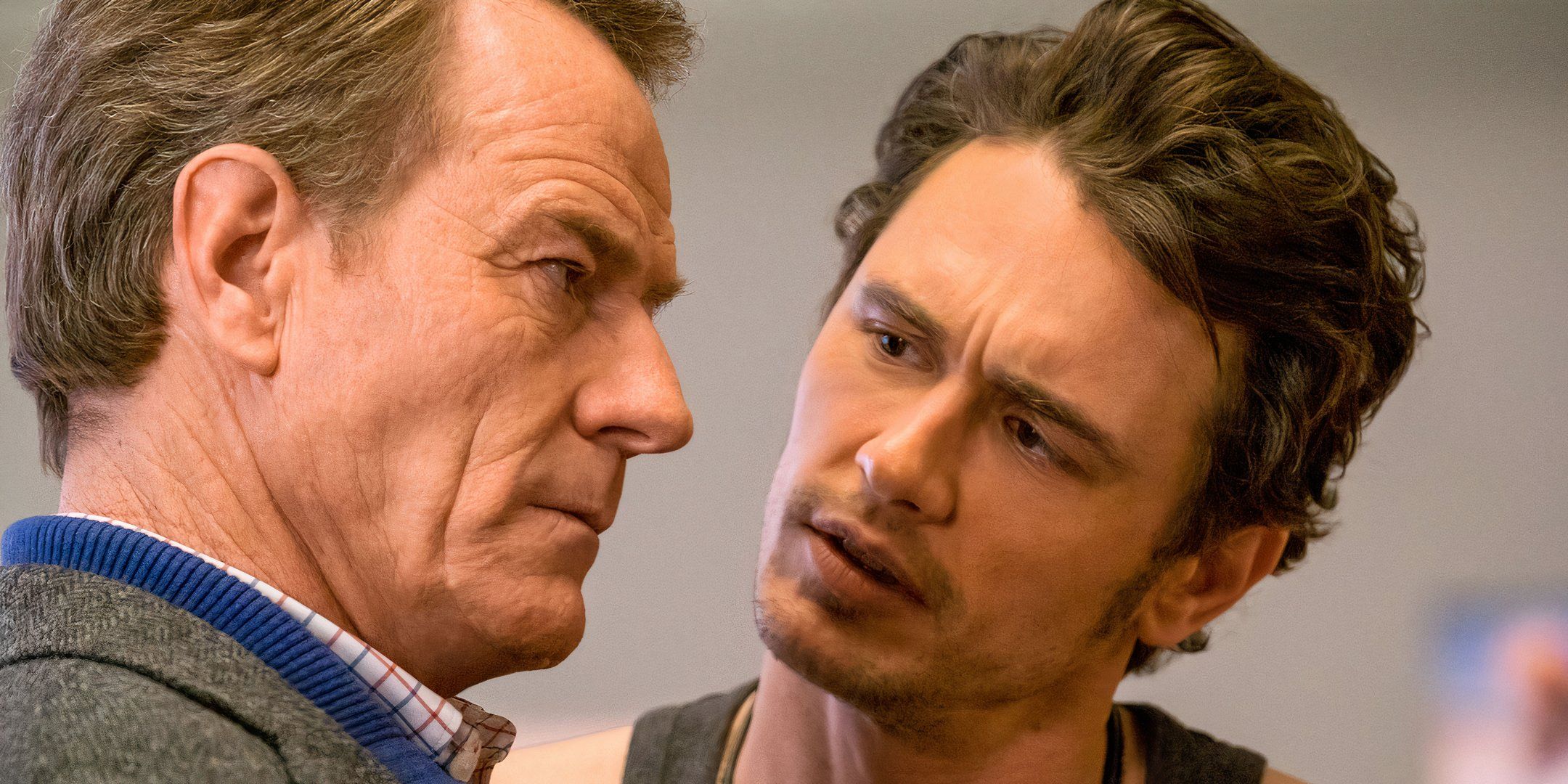 James Franco getting close to Bryan Cranston's face in Why Him?