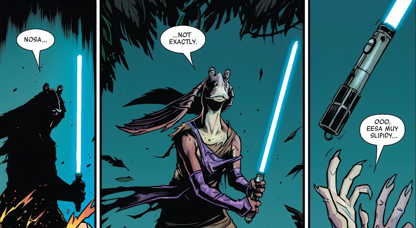 Jar Jar with a lightsaber in Star Wars