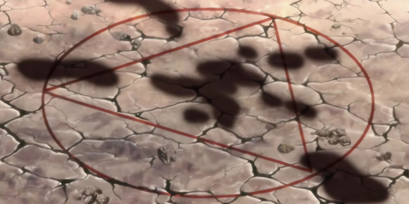 Jashin's symbol covered in blood after Hidan used his technique to kill an opponent. 