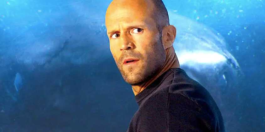Jason Statham's Jonas stares in terror in front of a massive shark in The Meg
