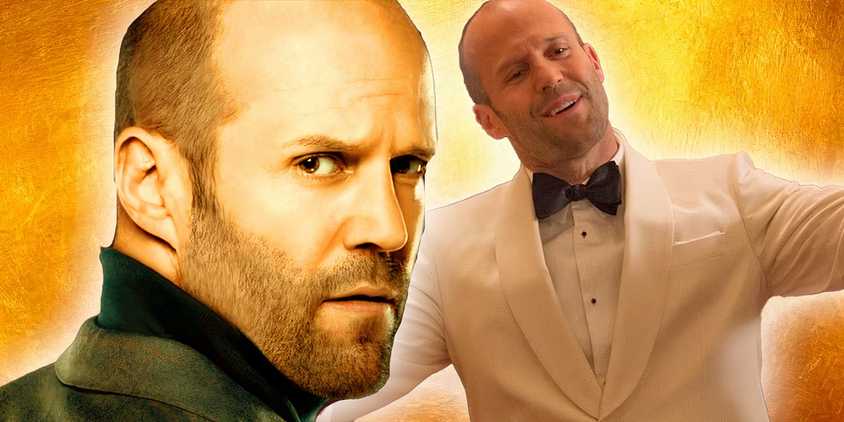 An edited image of Jason Statham in Spy with a gold background.