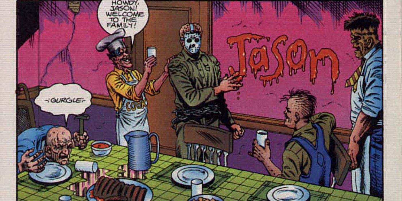 Comic book panel: Jason Voorhees from Friday the 13th introduces himself to the Sawyer Family from The Texas Chainsaw Massacre.