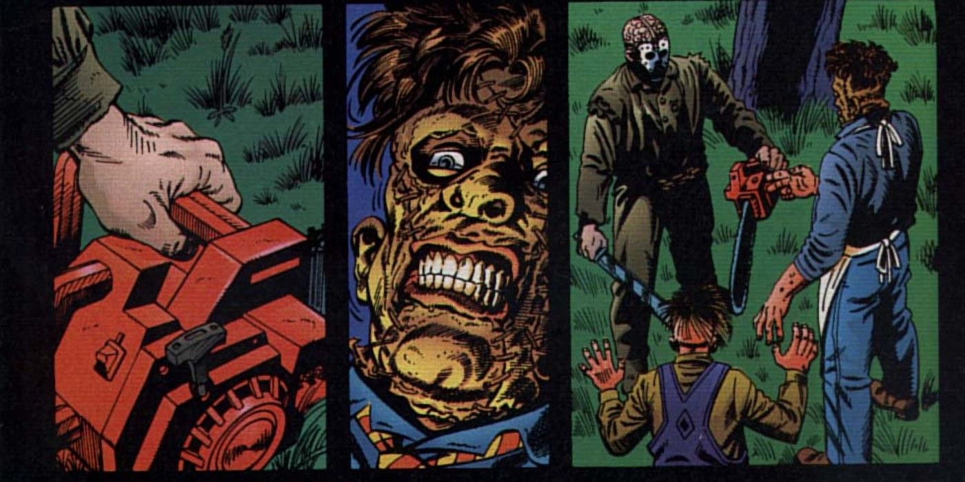 Comic book panels: Jason Voorhees gives Leatherface his chainsaw in first meeting for Friday the 13th crossover with The Texas Chainsaw Massacre.