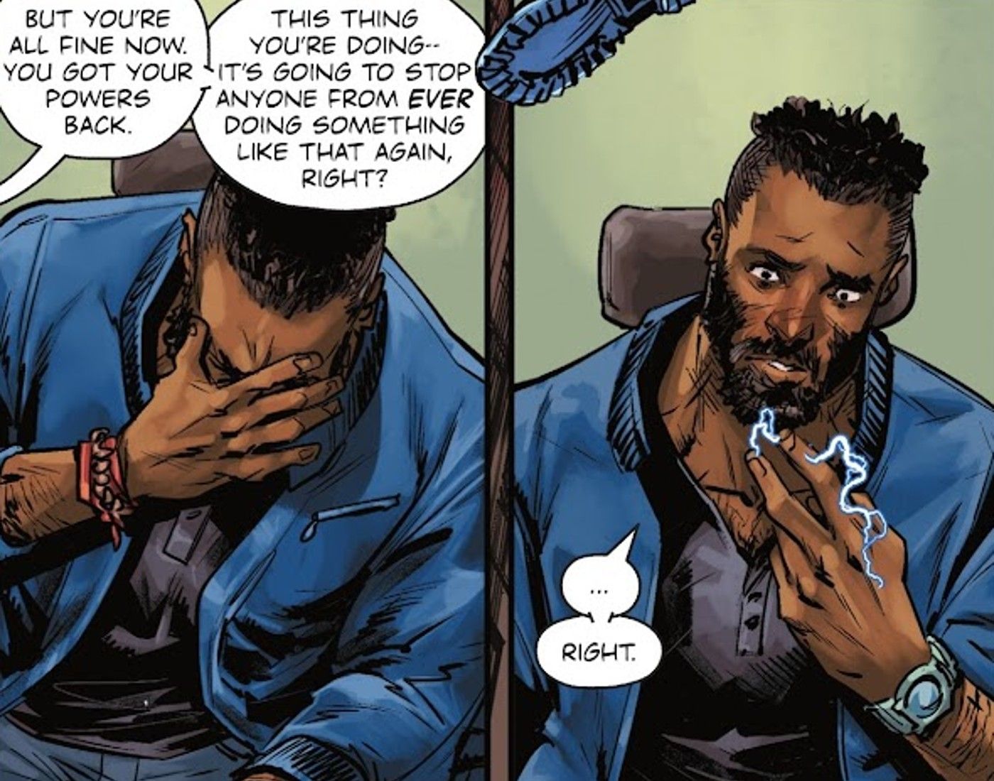 Painéis de quadrinhos: Jefferson Pierce produz eletricidade entre os dedos enquanto a ex-esposa Lynn Williams tenta consolá-lo após lutar contra Amanda Waller em Absolute Power in Black Lightning #1