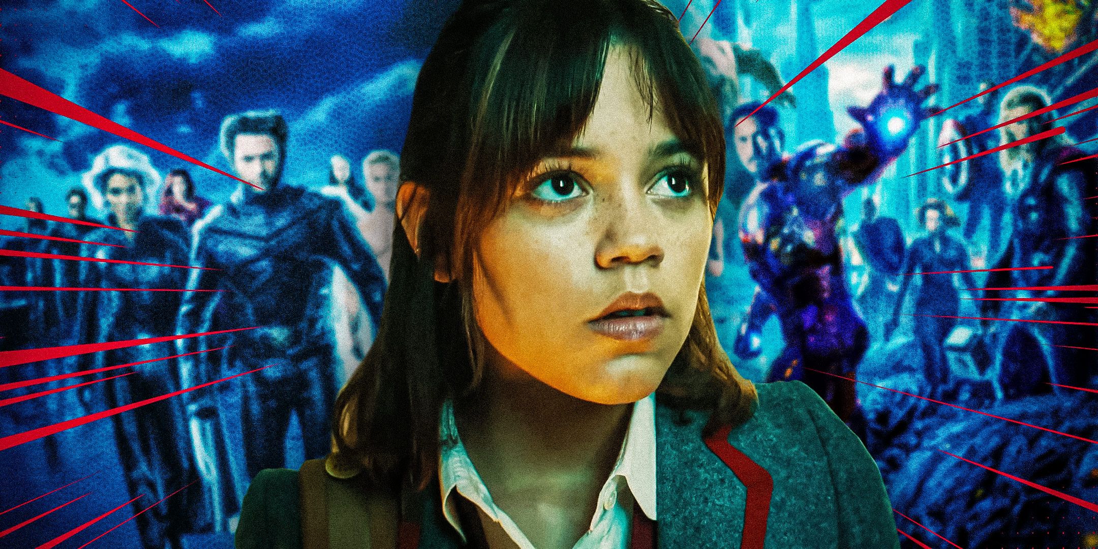 Jenna-Ortega-in-Beetlejuice-with-X-Men-Characters-and-Avengers-in-the-Background