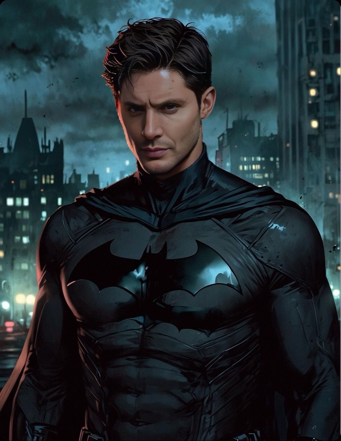 Jensen Ackles se vestiu como Batman com Gotham City atrás dele por Buffy2ville