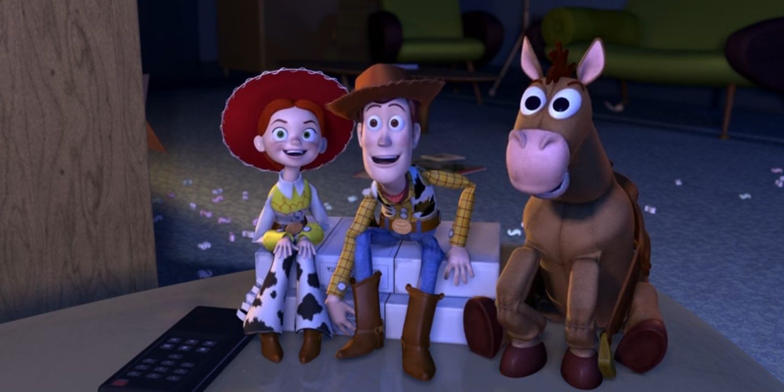 Jessie, Woody, and Bullseye happily watching Woody's roundup in Toy Story 2