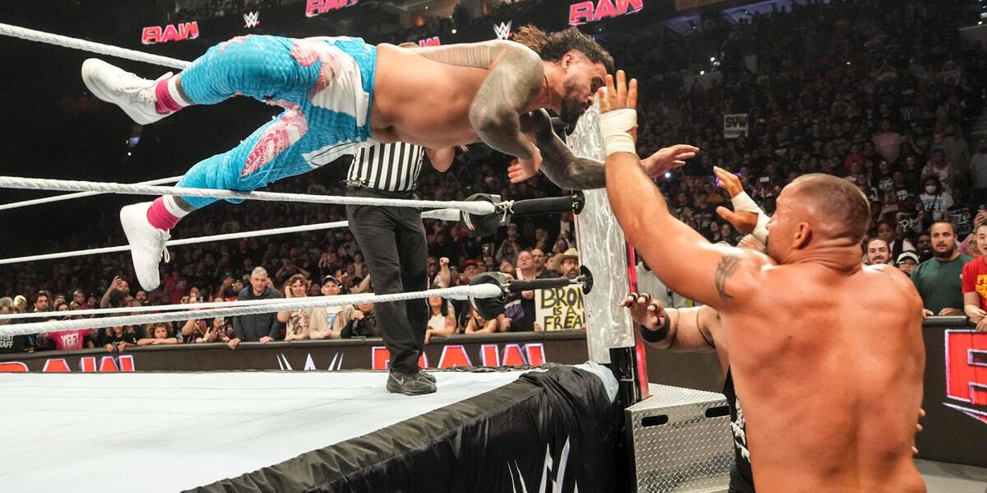 Jey Uso's suicide dives into Jacob Fatu and Bron Breakker on WWE Monday Night Raw