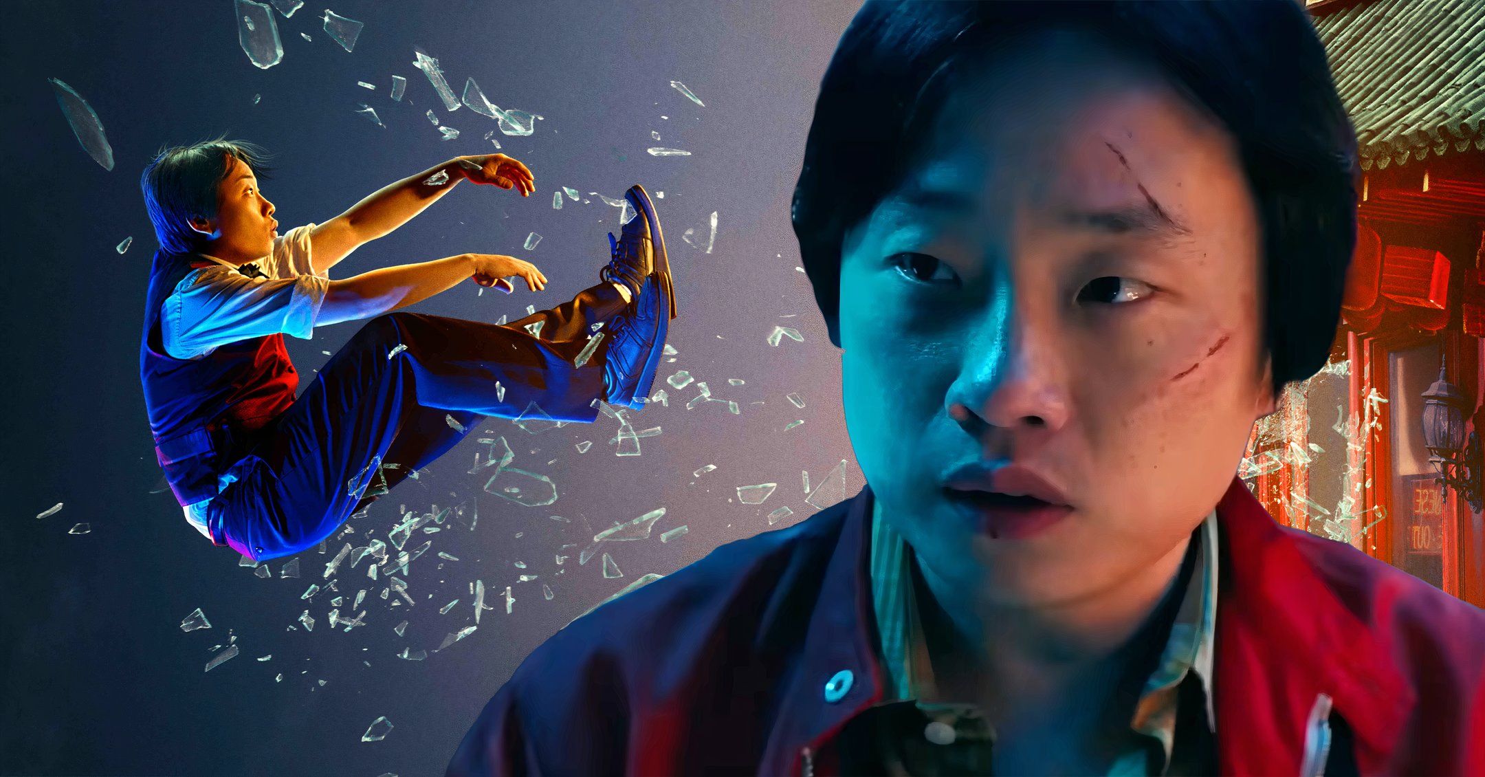 Jimmy O. Yang as Willis looking worried and falling from a broken window in Interior Chinatown poster backdrop