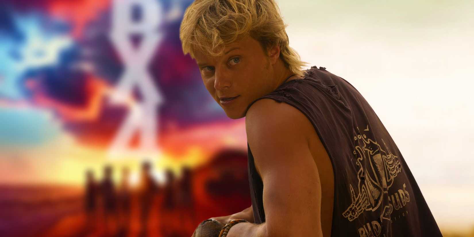 Rudy Pankow as JJ from Outer Banks next to a poster from season 4