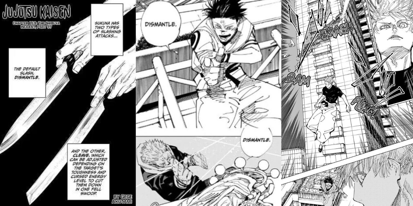 Três diferentes painéis de mangá de personagens de Jujutsu Kaisen e desmontados e clivados