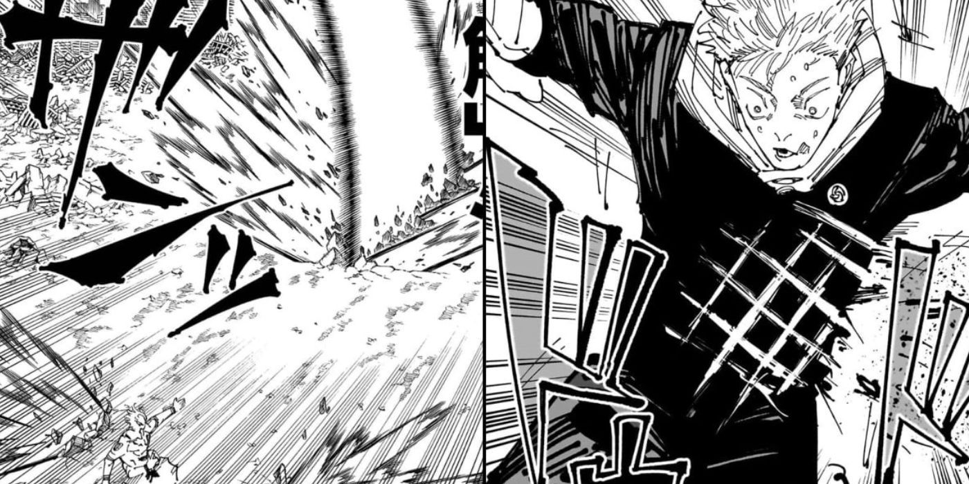 Sukuna usando desmontar e clivar em Yuji em Jujutsu Kaisen