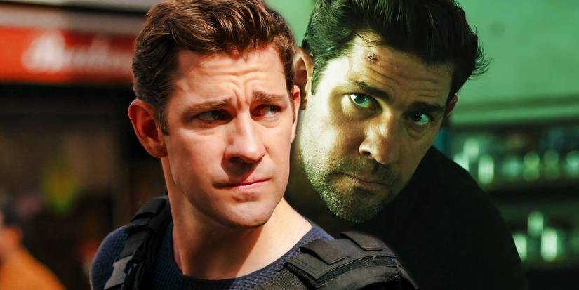 John Krasinski as Jack Ryan in his gear next to Jack Ryan looking serious in Jack Ryan