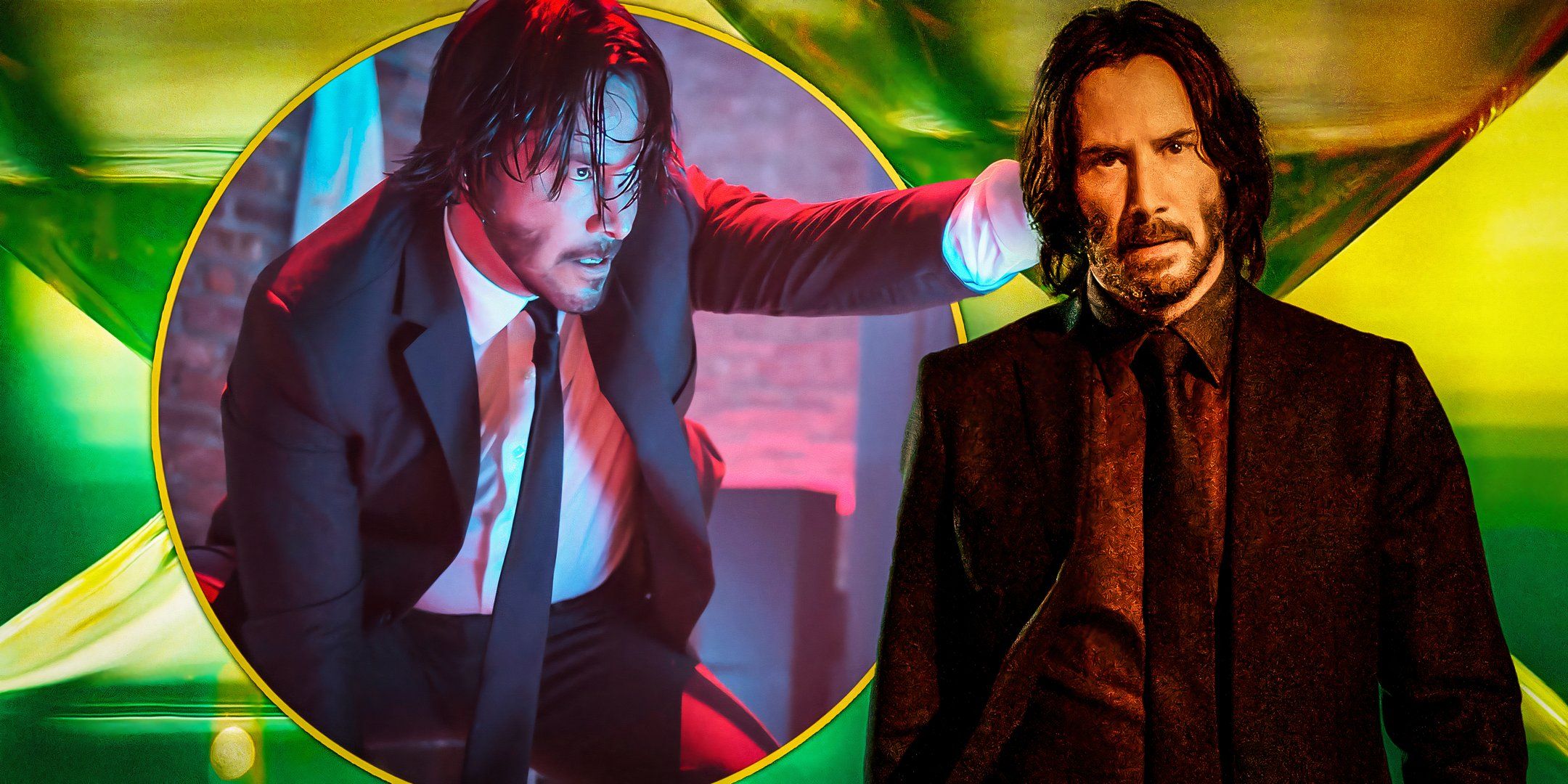 Keanu Reeves as John Wick against an abstract background