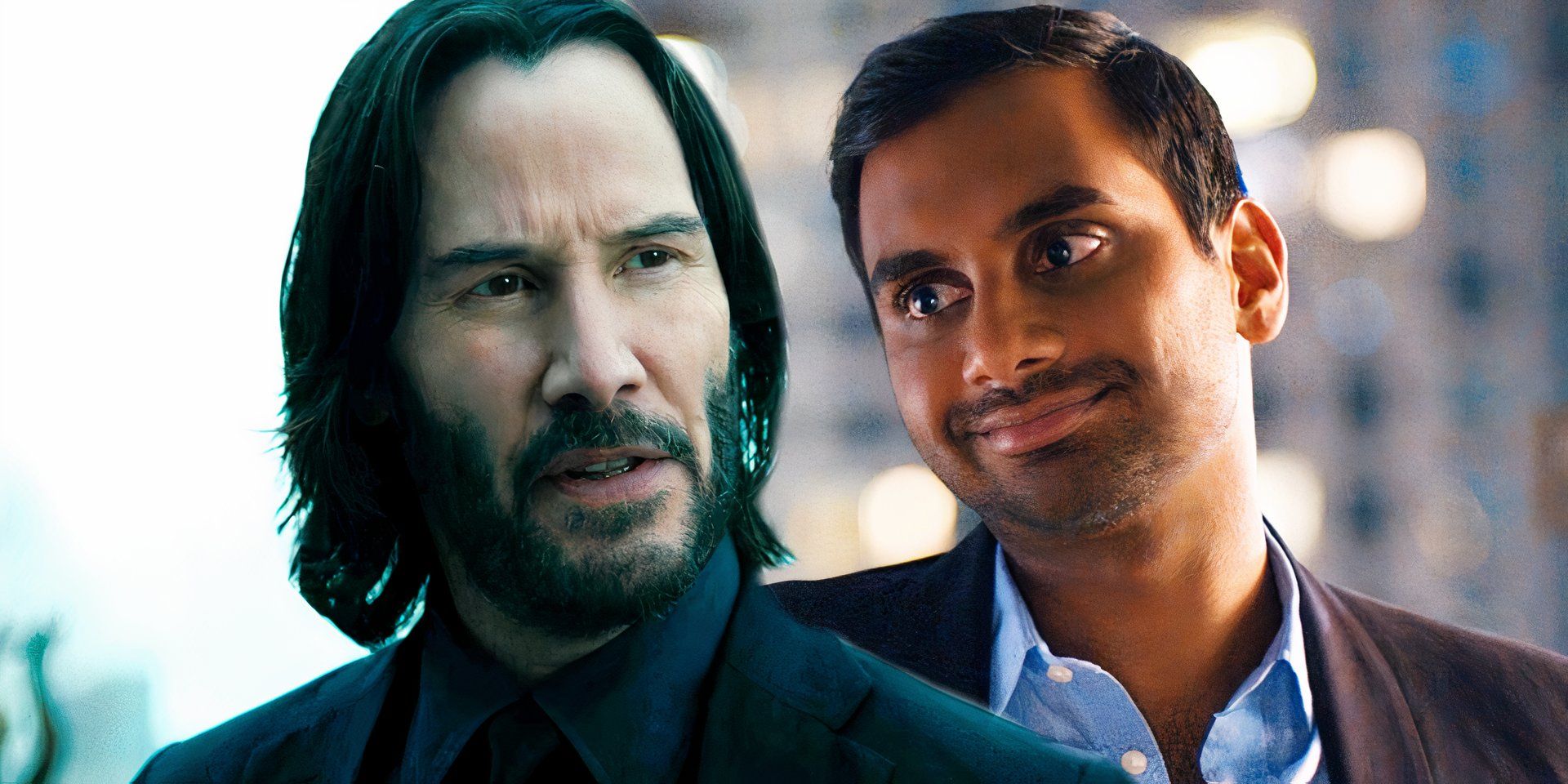John Wick talking to Winston in Chapter 4 while Aziz Ansari is smiling in Master of None