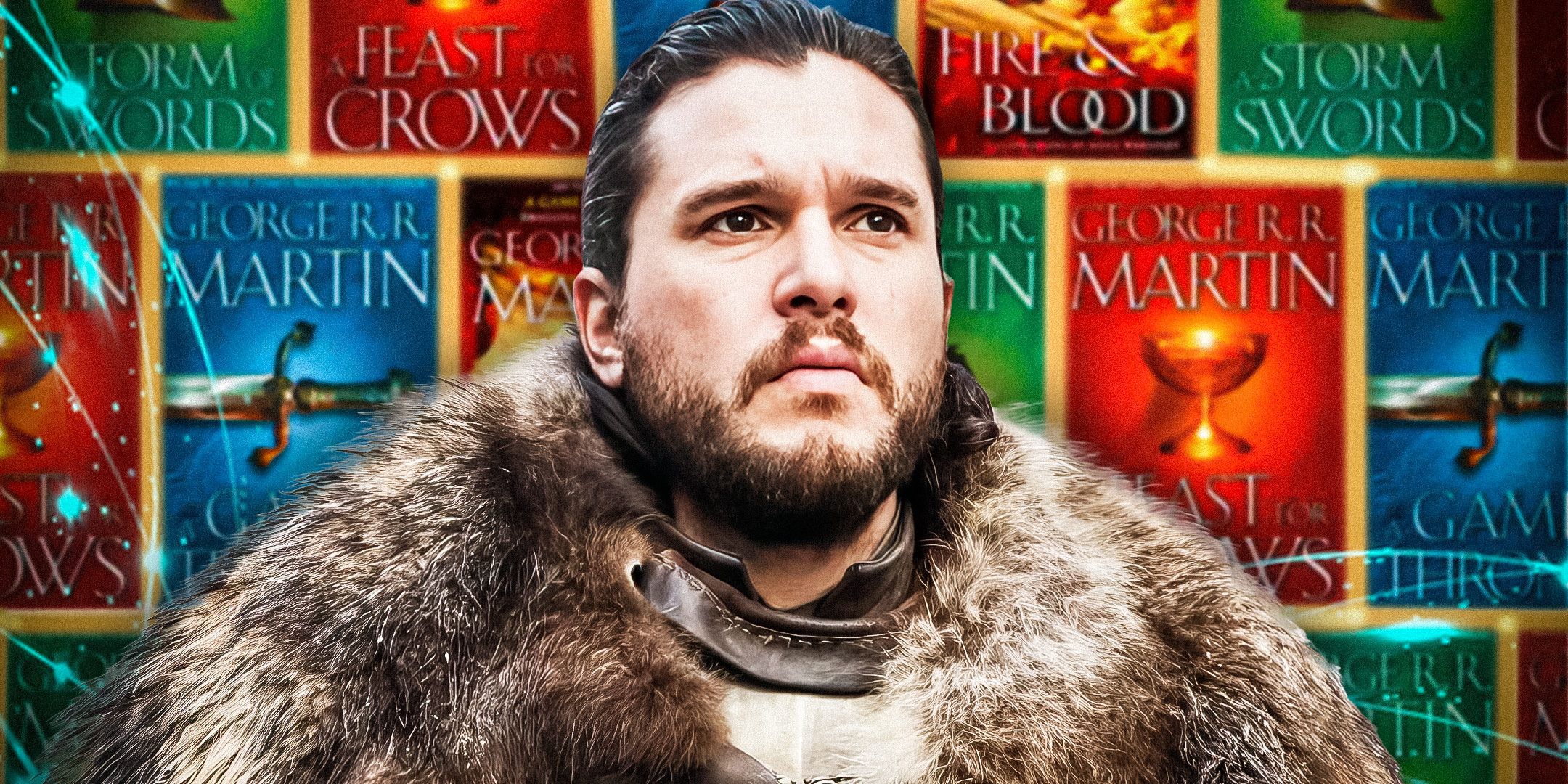 Kit Harington looking serious as Jon Snow in Game of Thrones and the book covers of A Song of Ice & Fire in the background