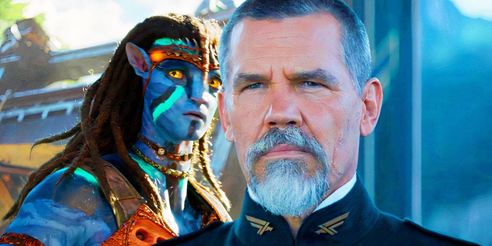 Josh Brolin looking serious as Gurney Halleck in Dune juxtaposed with Sam Worthington looking worried a Jake Sully in Avatar The Way of Water