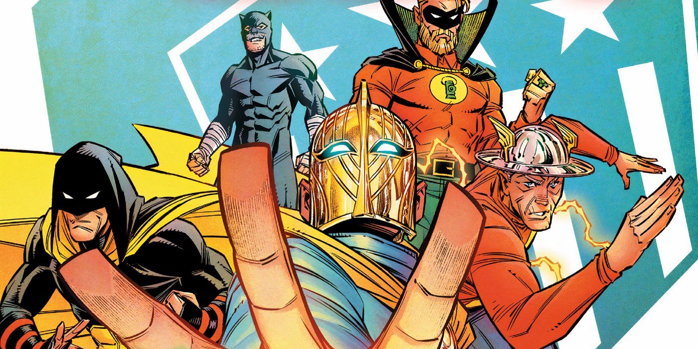 Comic book art: Doctor Fate stands with his hand outstretched while Hourman, Wildcat, Alan Scott&rsquo;s Green Lantern, and Jay Garrick&rsquo;s Flash surround him.