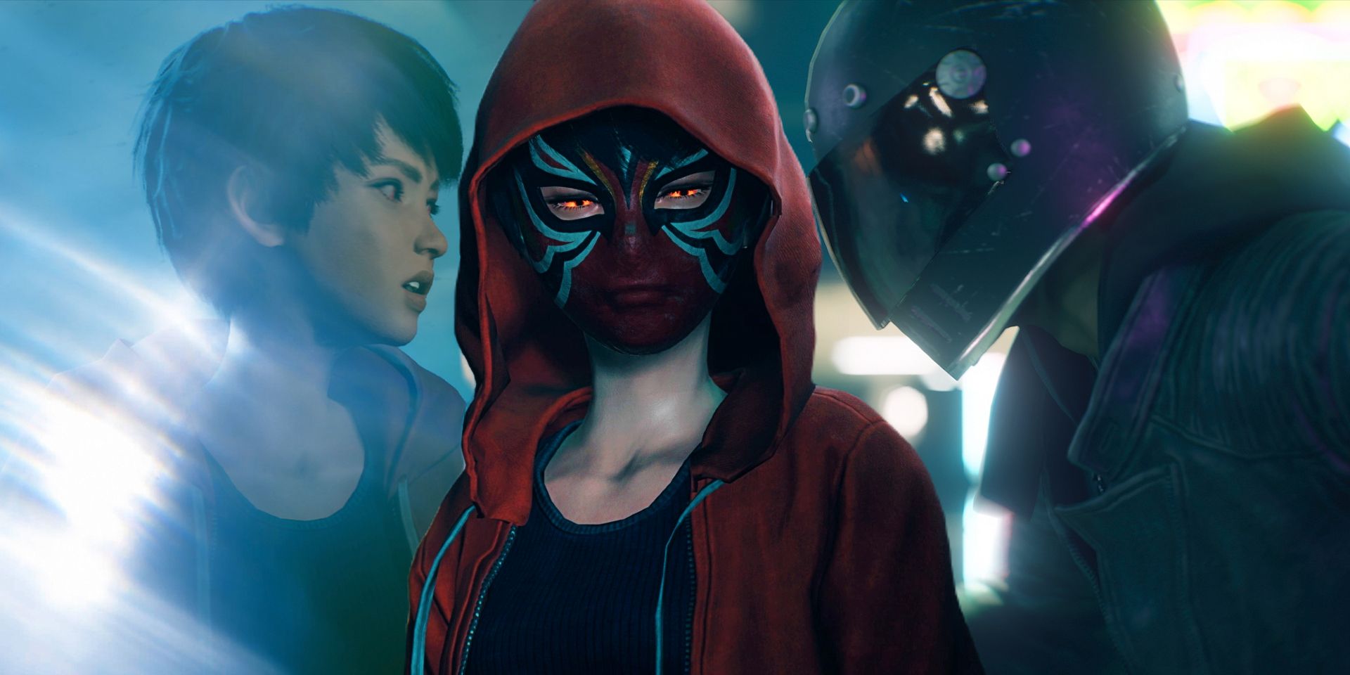 Julee and Alex in Slitterhead facing each other, while Julee with her opera mask stares at the camera.