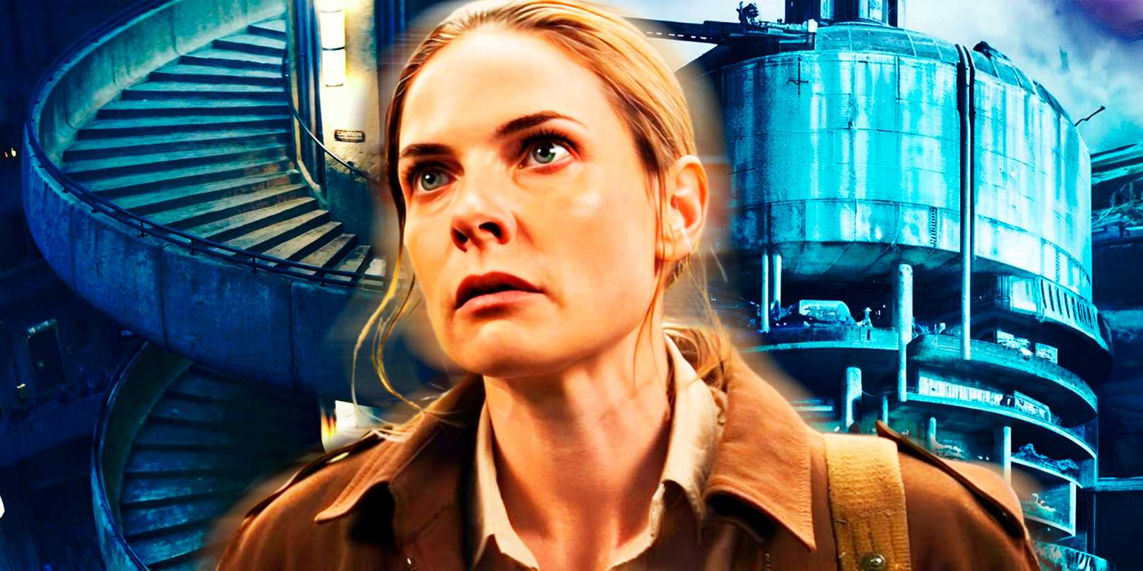 Custom image of Rebecca Ferguson as Juliette Nichols looking shocked in Silo