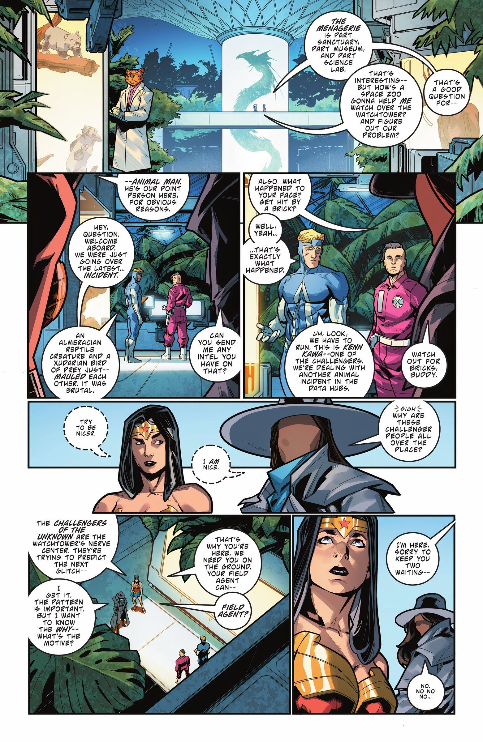 Six panels of Animal Man, Wonder Woman and the Question talking