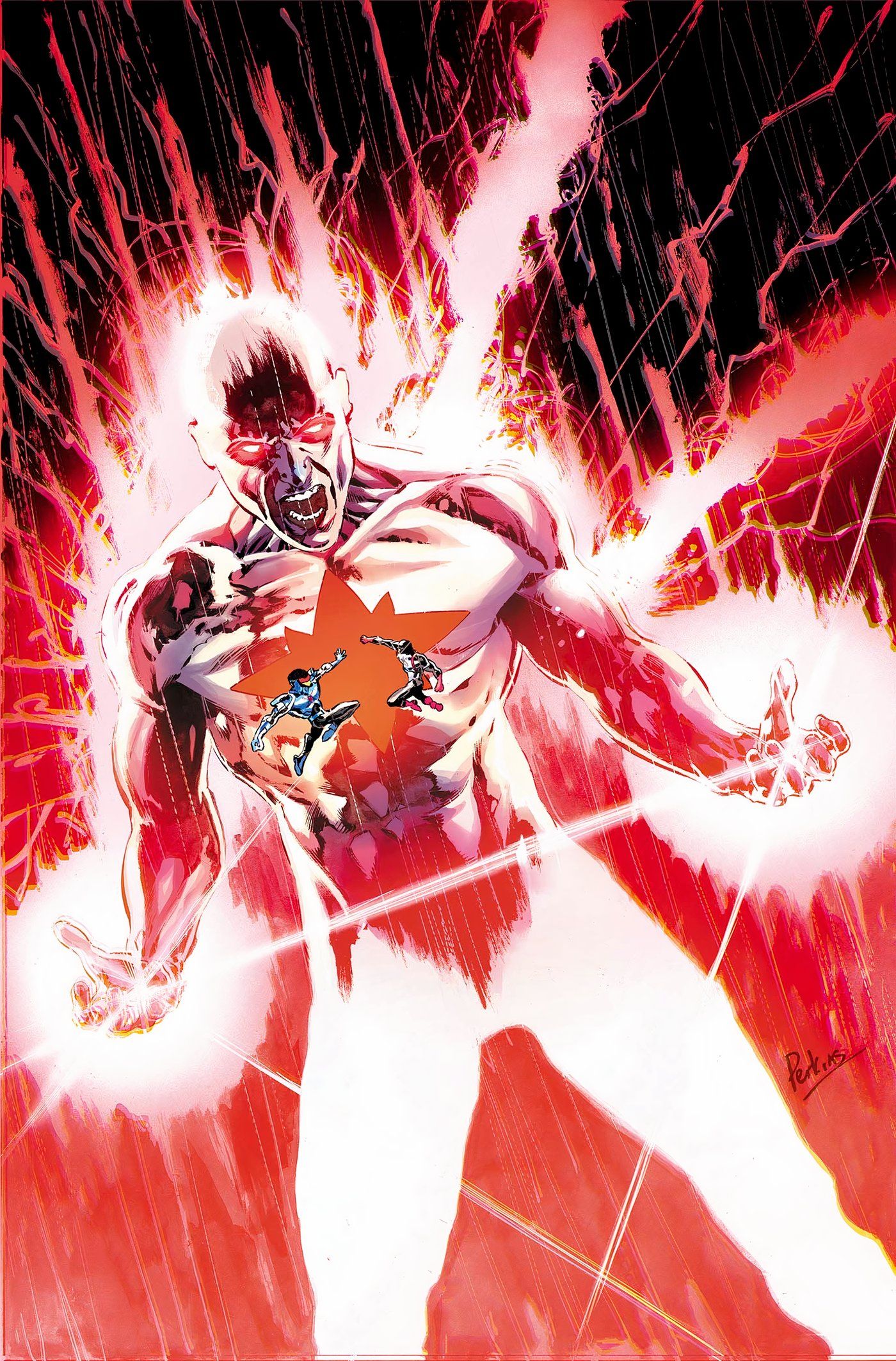 Captain Atom channels his powers while shrunken versions of the Atoms are in front of him