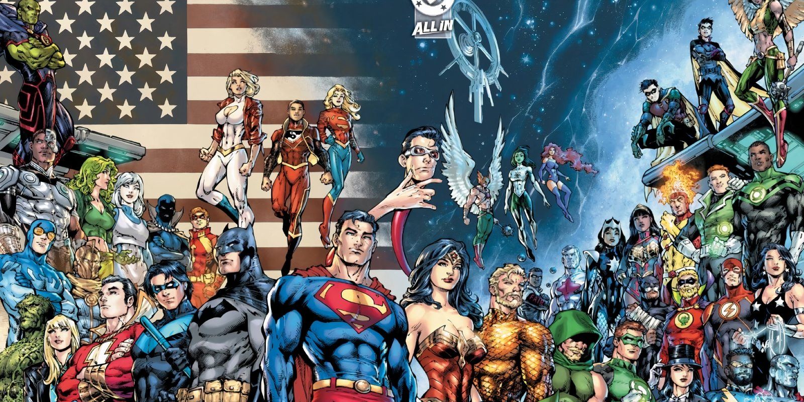 Art de bande dessinée : la Justice League de DC et d’autres équipes de super-héros posent ensemble.