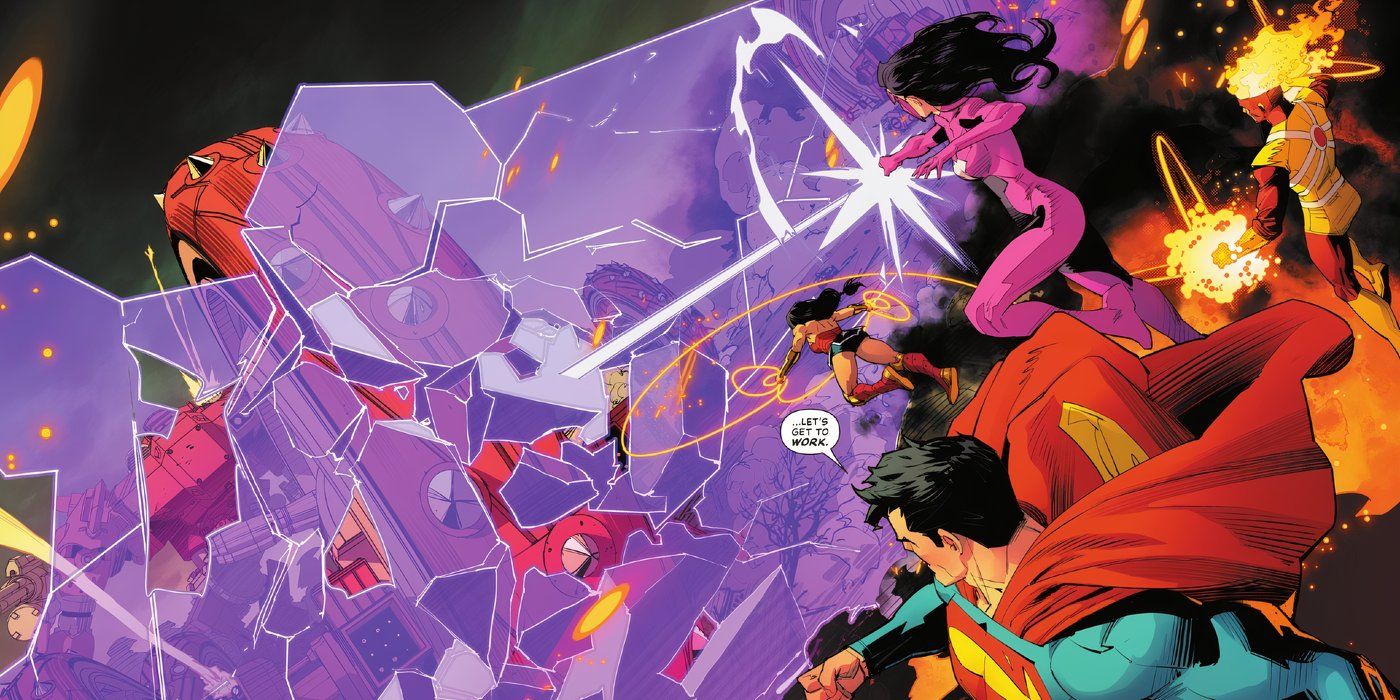 Comic book panel: Star Sapphire creates a massive construct alongside the Justice League