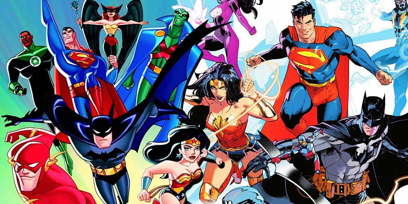 Justice League Unlimited team from the show to the left jumping into action and the comic team doing the same to the right