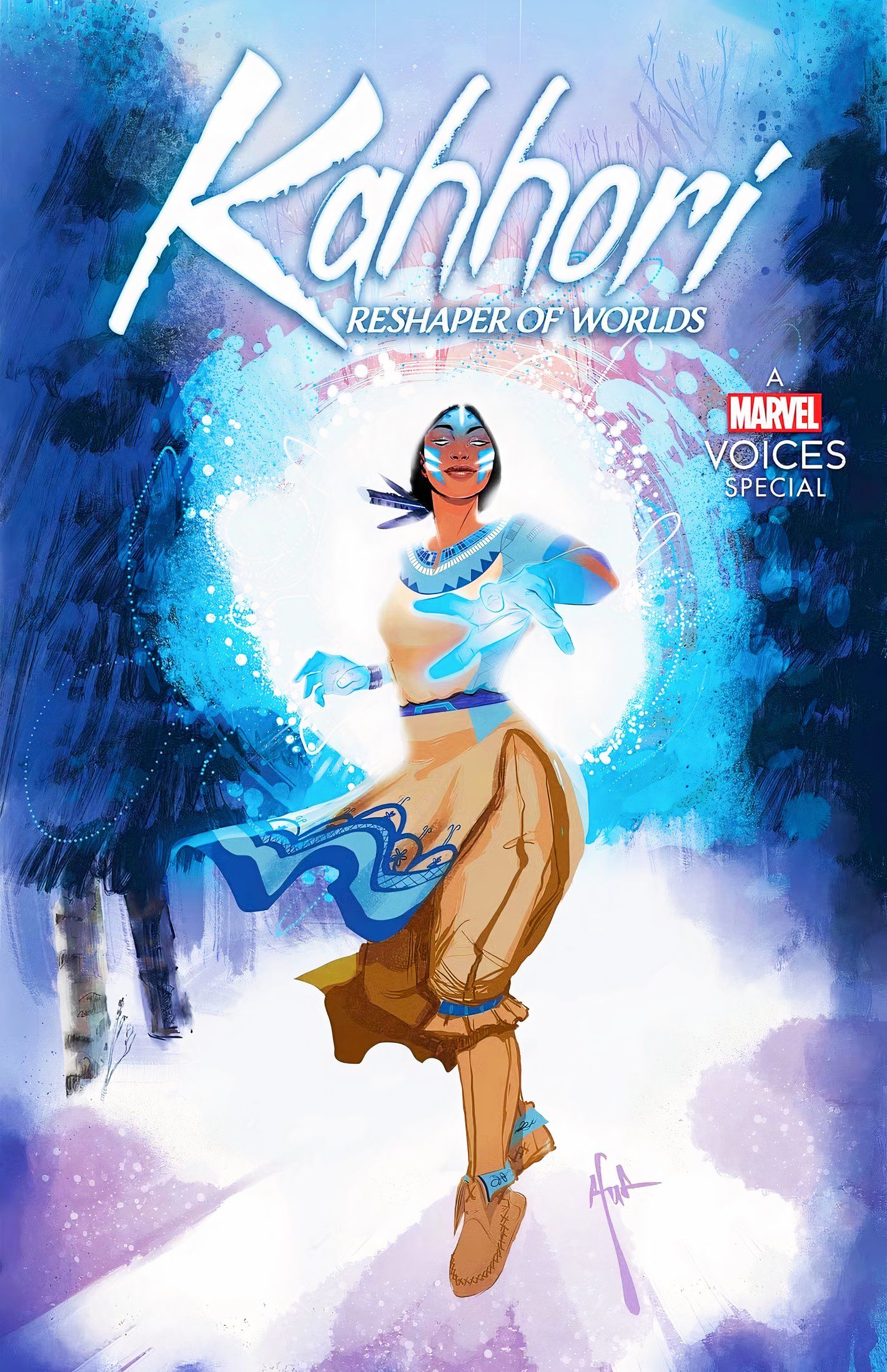 Kahhori Reshaper of Worlds #1, o herói MCU aparece através de um portal em uma paisagem nevada