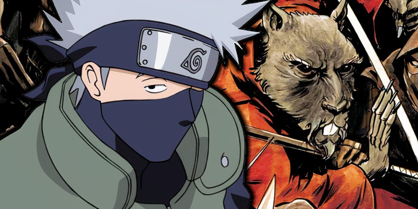 Kakashi Hatake stands with Master Splinter in the background